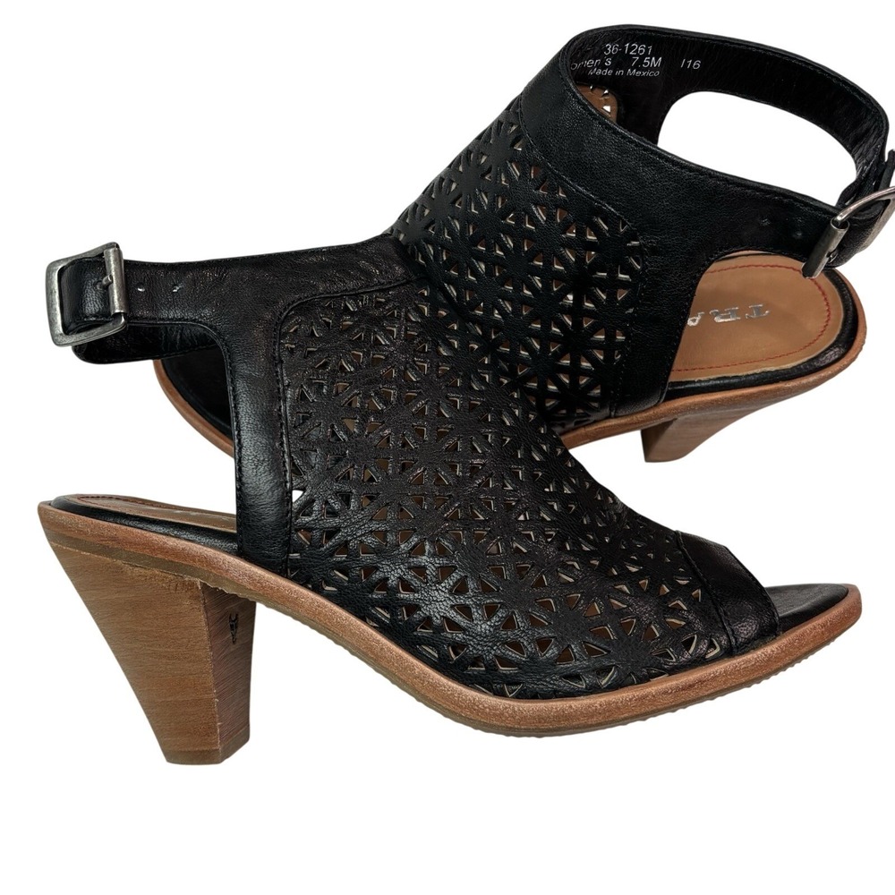 New Block Heel Leather Sandals Trask Womens 7.5 Black Leather Laser Cut NWOT - Picture 7 of 9